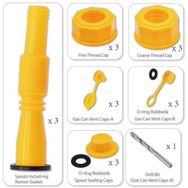 MEAJOO 3 Kit Gas Can Spout Replacement Set, Flexible and Retractable Nozzle, Durable Anti-Spill with Screw Collar Caps, Spout Cover, Base Cap, Drill Bit, Fit for 1/2/5/10 Gallon Gas Can(Yellow)