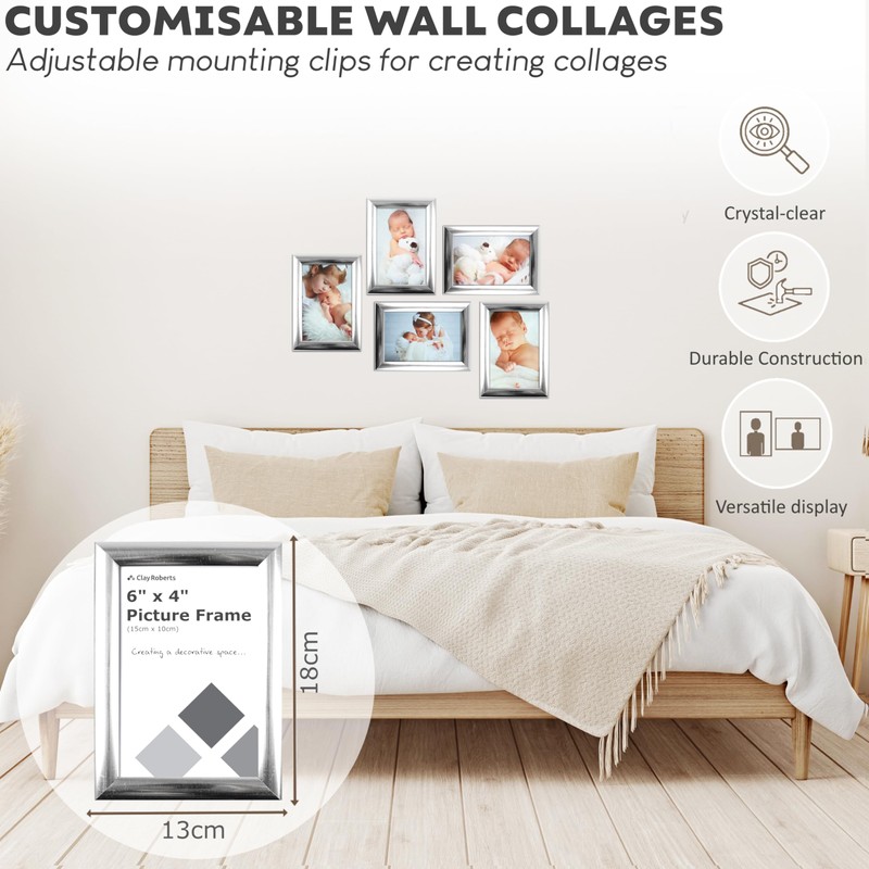 Photo Picture Frame 6 x 4, Silver, Freestanding and Wall