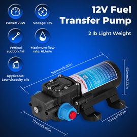 12V Fuel Transfer Pump Set - 70W High Flow Gasoline Diesel Oil Water Pump with 4m/13ft High Elastic Fuel Pipe & 2 Power Cables, Suitable for Vehicles, Boats, Motorbike, Equipment