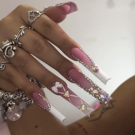 IMRAIN Long Square Press on Nails Rhinestone French Tips Fake Nails with Pink Bow Designs Full Cover Acrylic Glossy Extra Long False Nails 24Pcs