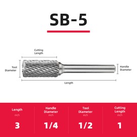 SB-5 carbide burr, cylindrical double cut hardened rotary file for die and mould grinders,1/2 in. head diameter X 1” in. cutting length), with 1/4 in.shank,DRINYOUNG(SB-5)