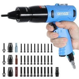 GRYVOZE Pneumatic Rivet Nut Gun Kit with 11PCS 1/4 & 5/16 & 3/8 Mandrels, Industrial Grade Air Rivnut Tool Set with Self-Locking Head Gun, Air Riveter Nut Gun for Threaded Nutsert Insert Installation