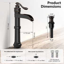 BATHLAVISH Vessel Sink Faucet, Oil Rubbed Bronze Black Bathroom Faucet, Farmhouse Waterfall Sink Faucet Single Hole with Pop Up Drain Assembly Without Overflow One Hole Mixer Tap Deck Mount