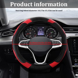 HQRNYP Car Steering Wheel Cover, Steering Wheel Protector, 15 inch Durable Leather Cover with Anti-Slip Lining, Universal Carbon Fiber Microfiber Leather Car Accessories for Most Cars (Black&Red)
