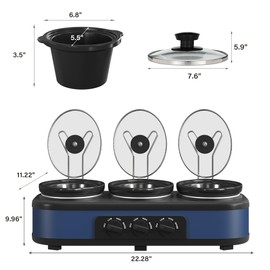 Kiss the Water Triple Slow Cooker Buffet Servers and Warmer,3 Pot Food Small Mini Manual Slow Cooker with Adjustable Temp Stainless Steel Lid Rests,Removable Ceramic Pot, 3 * 1.5 Quarts Blue