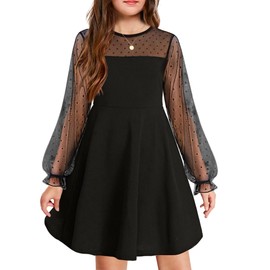 Arshiner Girl's Contrast Mesh Puff Long Sleeve High Waist A Line Black Short Dress with Pockets 6-7 Years