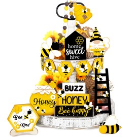 15 Pcs Bee Tiered Tray Decor Set Bee Wooden Sign Table Decorations Farmhouse Sweet Hive Happy Honey Tray Decor