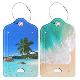 Hsxnam 2 Pack PU Leather Luggage Tags for Suitcase, Travel Cruise Luggage Tag with Privacy Flap, Name ID Label and Metal Loop for Women Men Baggage Handbag School Bag Backpack, Beach