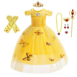 Lito Angels Yellow Princess Belle Costume Birthday Party Fancy Dress Up with Accessories and Butterfly for Kids Girls Age 8-9 Years (Tag Number 140)