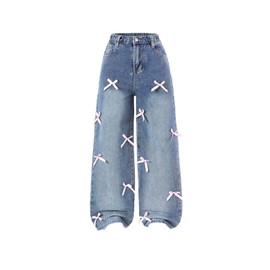 WDIRARA Girl's Bow Wide Leg Denim Pants Elastic High Waisted Y2k Jeans with Pockets Medium Wash 11Y