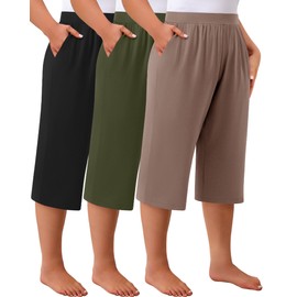 Huukeay 3 Pack Women's Plus Size Capri Pants, Cotton Wide Leg Capris Sweatpants Summer Loose Cropped Yoga Pants with Pockets(Black, Army Green, Coffee,XX-Large)