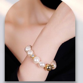 2025 new model, inlaid artificial diamond pearl necklace, pearl bracelet, pearl stud earrings, set Diamond set 18k gold, Mother's Day gift open pearl ring, fashionable, suitable for parties, work, birthday gifts, graduation ceremonies - Colour: Bracelet 