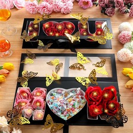 Vertintong 2 Sets Mother's Day I Love U Empty Flower Gift Box Fillable Packaging Box with 24 Pcs Gold Butterfly Decoration for Flowers Mother's Day