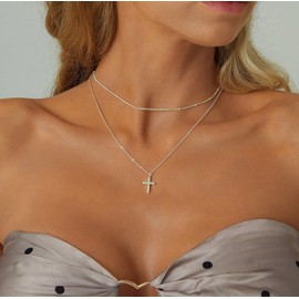 DEARMAY Sterling Silver Cross Necklace for Women, Dainty Layered Thin Chain Choker Necklace Simple Small Gold Cross Pendant Neckalces Aesthetic Jewelry for Women Gift