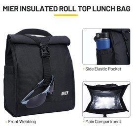 MIER Lonchera aislada enrollable para mujeres, hombres, adultos, plegable, con correa para el hombro, para trabajo, oficina, picnic, soporte para botella de agua, color negro