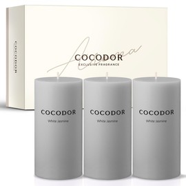 COCODOR Scented Pillar Candles, 3x6 Inch, White Jasmine, Candle Set of 3, Long Buring 85 Hours, Candles for Weddings, Party, Dinner, Home Decor.