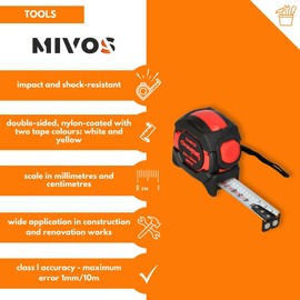 MIVOS - Tape measure with double-sided printed tape - Tape measure magnetic hook and belt clip - Tape measure with ergonomic housing - CE and MID certification - 5 m x 25 mm