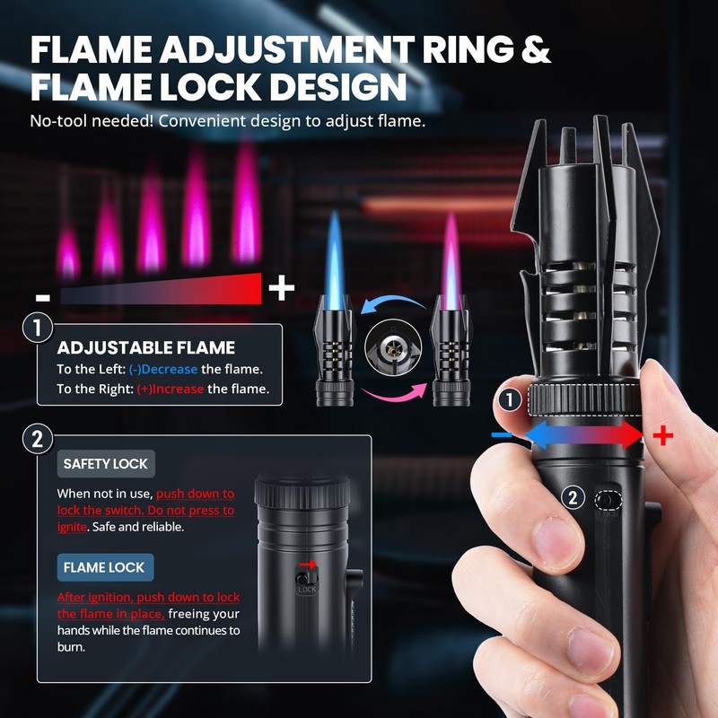 Windproof Torch Lighter, Long Camping Lighter Refillable Butane Gas -
