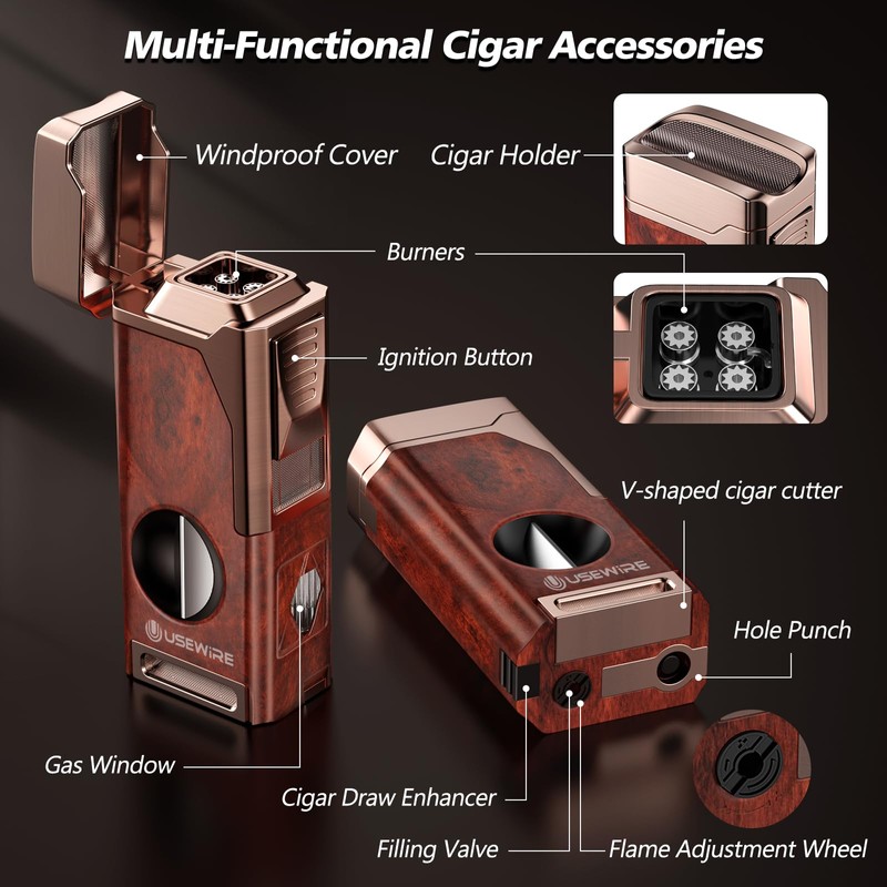 USEWIRE Cigar Lighter, Multifunctional Lighter with V-Cigar Cutter, Cigar Holder,