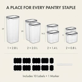 Airtight Food Storage Containers Set, 7 Clear Plastic Pantry Organizers with Locking Lids, 10 Labels & Marker for Cereal, Pasta, Flour & Snacks
