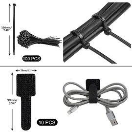 SOULWIT 200PCS Kit de organización de cables,4 fundas para cables,37 clips,7 soportes para cables,10 soportes para bridas,20 clavos para clips,100 bridas para cables,20+2 rollos de bridas(Negro)
