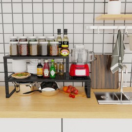 Jojocross Expandable Adjustable Stackable Kitchen Organizer, Spice Rack,Metal Pantry Storage Shelves Racks,Counter Shelf for Cabinets, Countertop, Cupboard(1 Pack/Medium/Black)