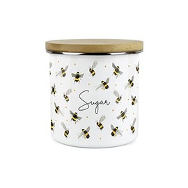 Purely Home Scattered Bees Sugar Canister - White Metal Enamel Kitchen Food Storage Container