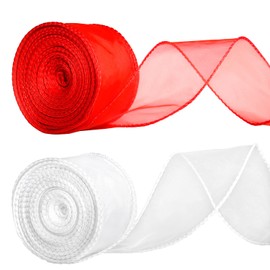 Lezevn 2 Pack 50M Christmas Chiffon Organza Wired Ribbon Red and White Wired Sheer Organza Ribbon