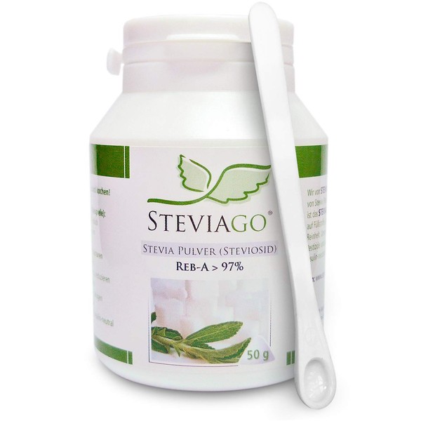 STEVIAGO Stevia Pulver (Steviosid) Extrakt aus 100% Stevia, davon min. 97% Reb-A, 50g, mit Dosierlöffel