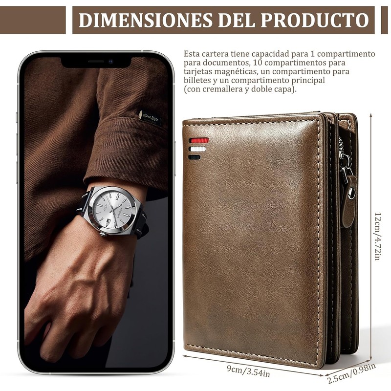 Cartera para Hombre, con RIFD Protección, 11 Ranuras para Tarjetas,