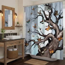 RyounoArt Butterflies Shower Curtain Tree of Life Bathroom Curtain Rustic Farmhouse Bathroom Decor Home Decoration with Hooks 72"x72"