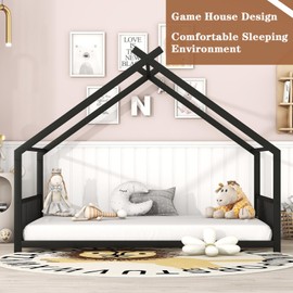 Full Size Montessori Floor Bed, Playhouse for Kids, Montessori-Style House Floor Bed Frame for Kids and Toddlers, No Box Spring Required (Black, Full)