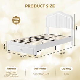 GarveeHome Twin Upholstered Bed Frame with Storage Drawer and Smart Led Headboard, Twin Size Platform Bed Frames for Kids, Wooden Slats Support, No Box Spring Needed, Easy Assembly, White