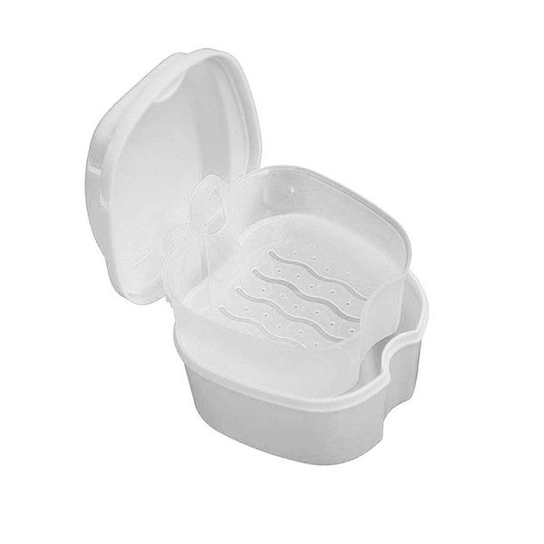 KISEER Denture Bath Case Cup Box Holder Storage Soak Container with Strainer Basket for Travel Cleaning (White)