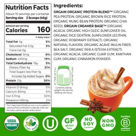Orgain Organic Vegan Protein Powder, Pumpkin Spice Seasonal Flavor - 21g of Plant Protein, 5g Prebiotic Fiber, No Lactose Ingredients, No Added Sugar, Non-GMO, For Shakes & Smoothies, 1.02 lb