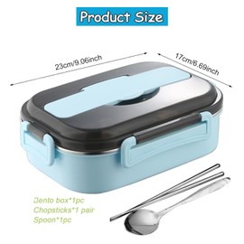 Yharnamite Thermal Lunch Box, 2-Compartment Stainless Steel Keep Warm Lunch Box Portable Leakproof Insulated Lunch Box with Cutlery Holder for Students, Office Workers, Travel (Blue)