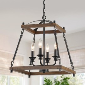 9MMML 4-Light 𝐋𝐚𝐧𝐭𝐞𝐫𝐧 𝐂𝐡𝐚𝐧𝐝𝐞𝐥𝐢𝐞𝐫, Industrial Black Geometric Pendant Light Fixture with Adjustable Chain, 16'' Rustic Wood Cage Chandelier for Dining Room, Kitchen Island, Entryway