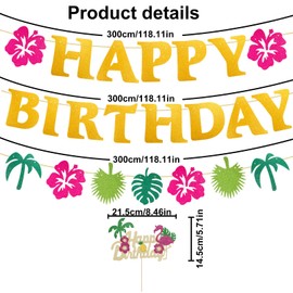 Hawaiian Happy Birthday Banner, Pre-Strung Tropical Glitter Hawaiian Theme Birthday Banner for DIY Hanging Party Backdrop