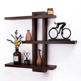 yaqew Variable Floating Shelves Wood Set of 3, Cube Wall Mounted Shelves 28.35" Max, Wall Shelves for Living Room Bathroom Bedroom Farmhouse - Light Walnut Color - 28.35" x 23" x 4.3" Max