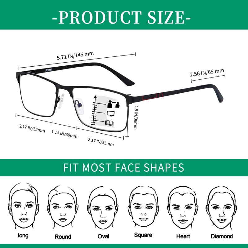 DEVYES Progressive Multifocus Reading Glasses for Men Women Metal Half
