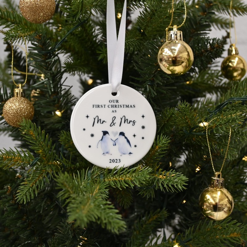 "First Christmas as Mr & Mrs" Watercolour Penguin Design Ceramic