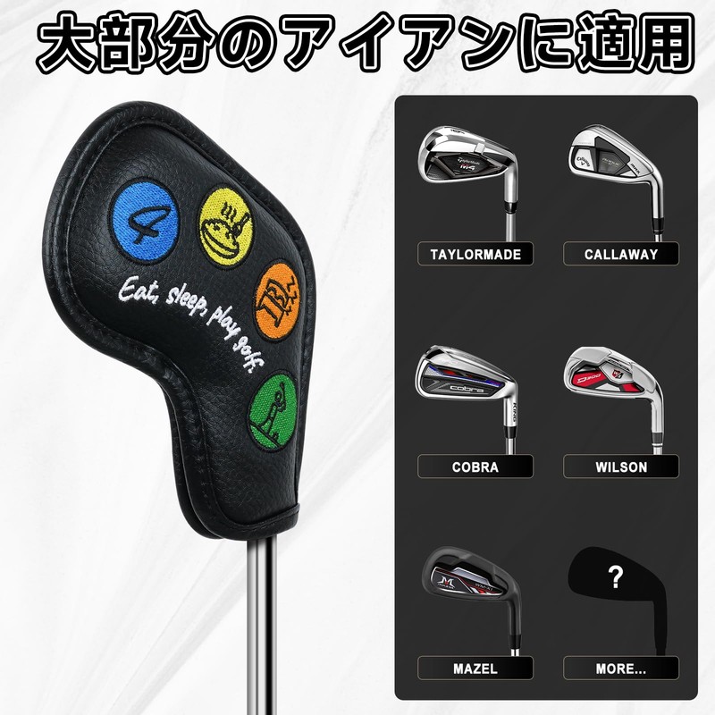 ゴルフアイアンカバー マグネット ウェッジカバー クラブヘッドカバー セット 10枚(4-9,P,A,S,L) 黒い合成皮革 かわいいパターン