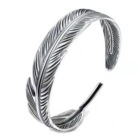 Sterling Silver Bracelet Vintage Distressed Feather Wide Ethnic Cuff Bangle Adjustable Open Couples Amulet Bracelet for Men Women Eternity Jewellery Holy, Silver
