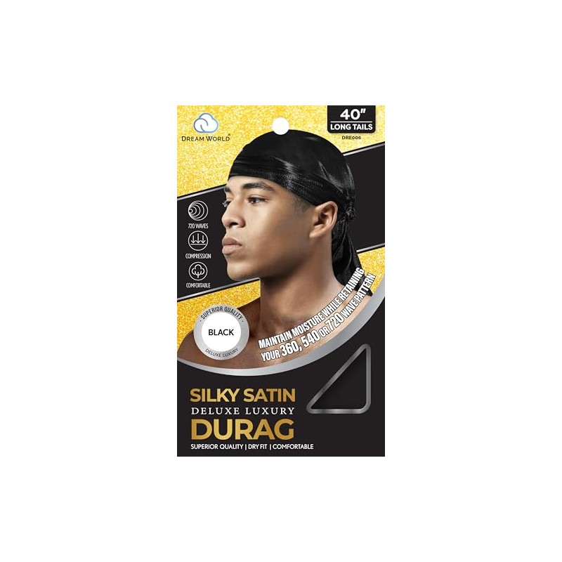 Dream Men's Silky Satin Deluxe Black Du-Rag (Pack of 2)