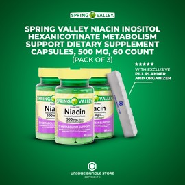 Spring Valley, Niacin 500mg Flush Free, 60 Count Capsules, Niacin Inositol Hexanicotinate Metabolism Support Dietary Supplement + 7 Day Pill Organizer Included (Pack of 3)
