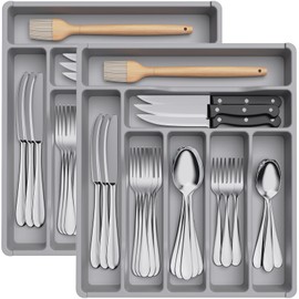 Lifewit Set of 2 Cutlery Trays for Drawers, Cutlery Organiser, Drawer Organiser, Kitchen Compact Cutlery Insert, Utensil Holder for Drawer, Made of Plastic, for Spoons, Forks, 7 Compartments, Grey