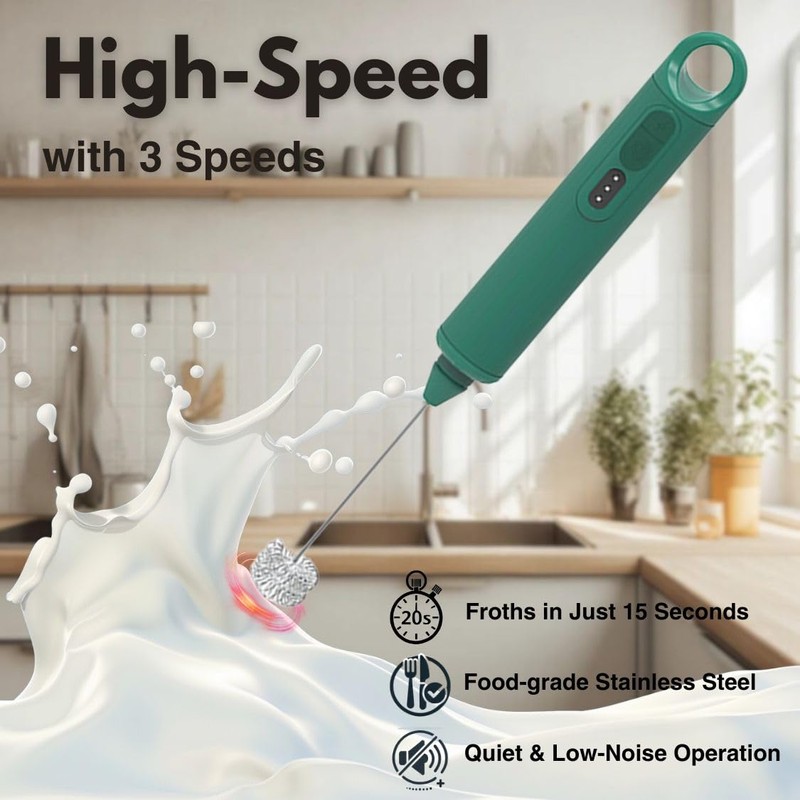 Rechargeable Milk Frother Handheld 3 Speed Coffee Foamer [3 Whisk]