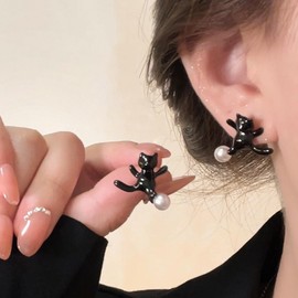 Inilbran Boho Pearl Cat Earrings Vintage Cartoon Cat Stud Earrings Black Cute Cat Earrings Minimalist Animal Cat Statement Earrings Jewellery For Women, Zinc