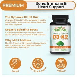 Why Not Natural Vitamin D3 K2 (MK-7) with Organic Spirulina, 10000 IU Extra Strength Supplement in Veggie Capsules, Supports Bone Health, Immune System and Mood