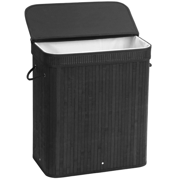 SONGMICS Laundry Hamper with Lid, Bamboo Laundry Basket with Handles, Foldable Storage Basket for Laundry Room, Bedroom, 100L, Black ULCB63H